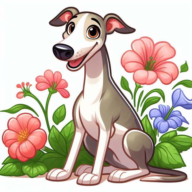 Vector cute greyhound dog and flowers vector cartoon illustration