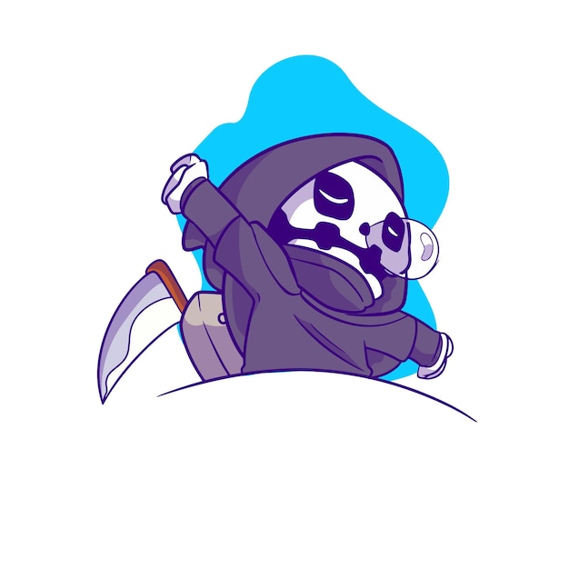 Cute grim reaper holding scythe cartoon icon illustration wake up