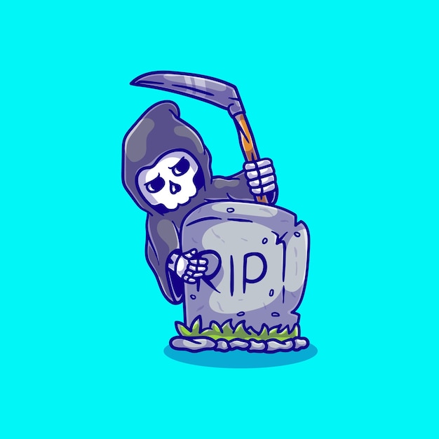 Cute grim reaper illustration peeking behind the grave