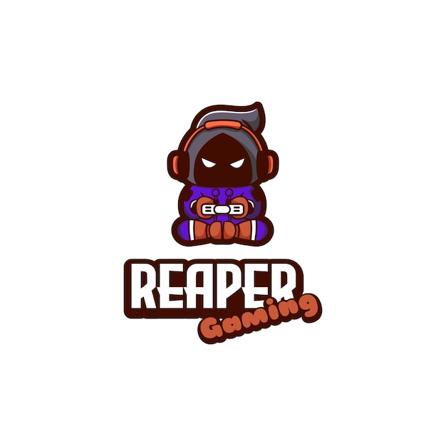 Cute grim reaper playing game logo design