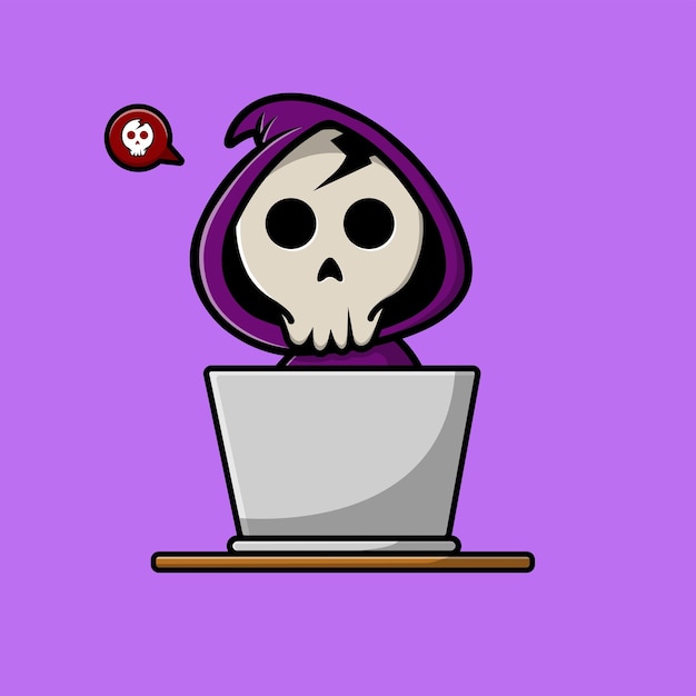 Cute grim reaper using laptop vector icon illustration