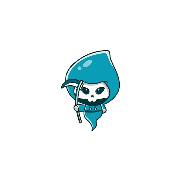 Illustrazione del logo del design della mascotte di vettore di grim reaper carino