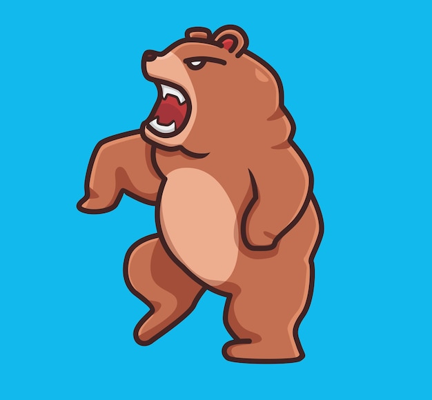 Вектор Милый медведь гризли коричневый злой стоя. мультфильм животных природа концепция изолированных иллюстрация. плоский стиль, подходящий для дизайна стикеров, иконок премиум-логотипов. талисман