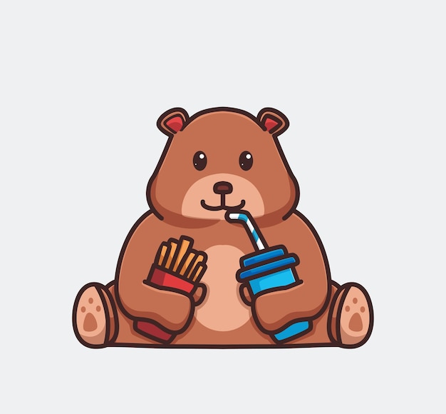 Vector cute grizzly bear eating a french fries and drink a cola. cartoon animal food concept isolated illustration. flat style suitable for sticker icon design premium logo vector. mascot character