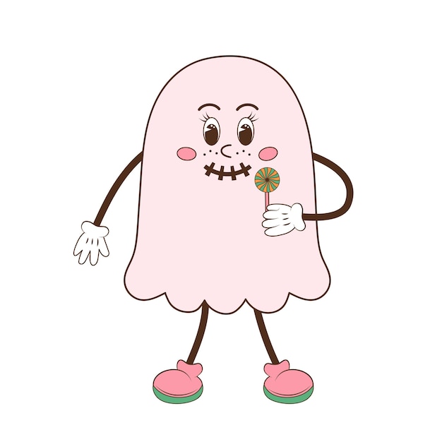 Cute groovy ghost with a lollipop Retro 70s 60s cartoon character Cute pink spooky baby ghost