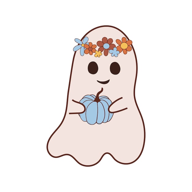 Vector cute groovy ghost with pumpkin retro 70s 60s cartoon character cute spooky baby ghost