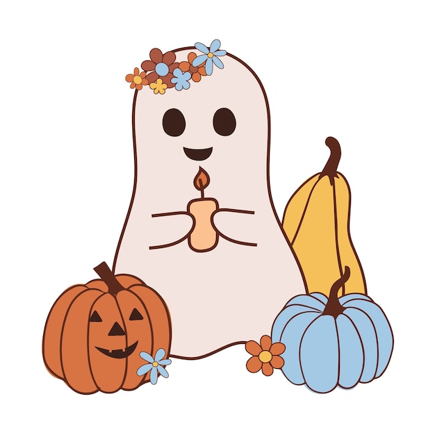 Vector cute groovy ghost with pumpkin retro 70s 60s cartoon character cute spooky baby ghost