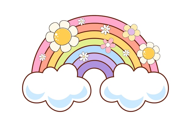 Cute groovy rainbow with flowers vector