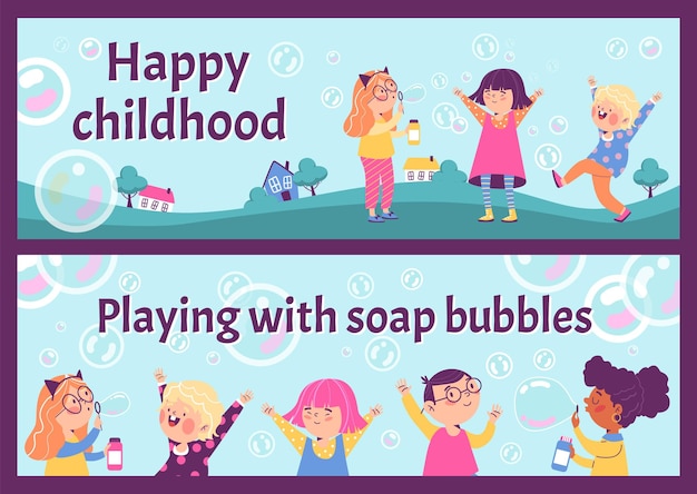 Simpatico gruppo di bambini che giocano con l'illustrazione piana di vettore del modello dell'insegna verticale delle bolle di sapone