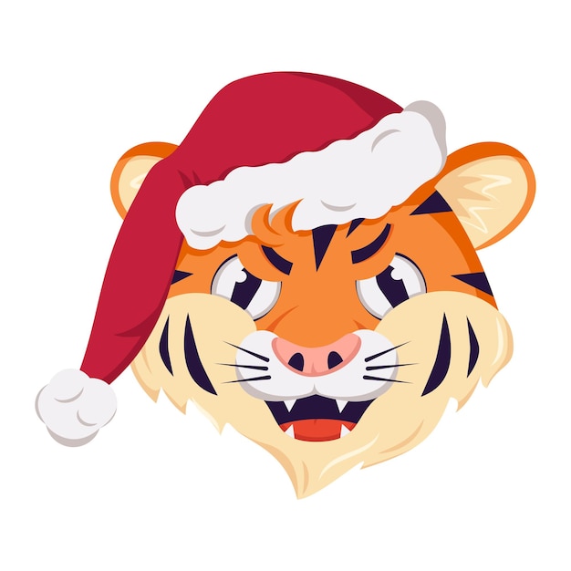 Cute grumpy tiger character, simbol of New Year in a red Christmas cap.