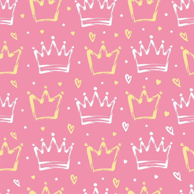 Cute grunge crowns on pink background seamless pattern.