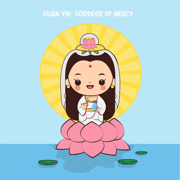 Simpatico cartone animato guan yin, dea delle merci per la cultura cinese