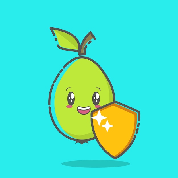 cute guava mascot with shield