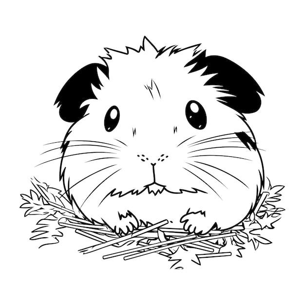 Cute guinea pig in the nest Black and white vector illustration