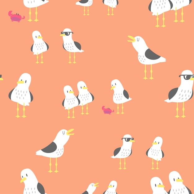 CUTE GULL BIRDS IN SOME DIFFERENT POSSES FLAT SEAMLESS PATTERN PREMIUM VECTOR