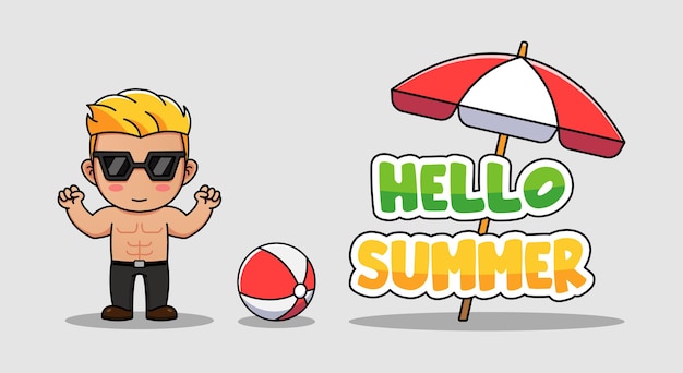 Cute guy with hello summer greeting banner