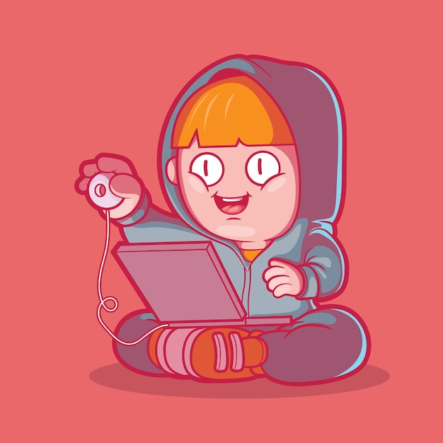 Cute hacker character vector illustration Technology protection digital design concept