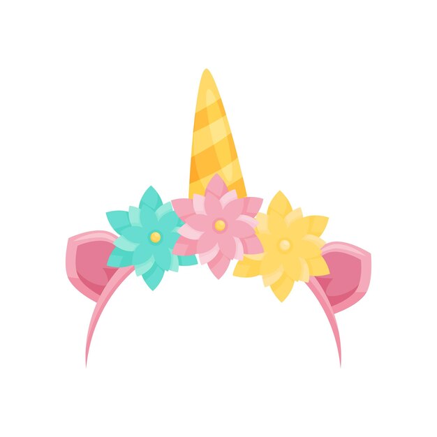 Cute hair hoop with pink ears unicorn s horn and colorful flowers bright head accessory attribute of festive costume cartoon style icon flat vector illustration isolated on white background