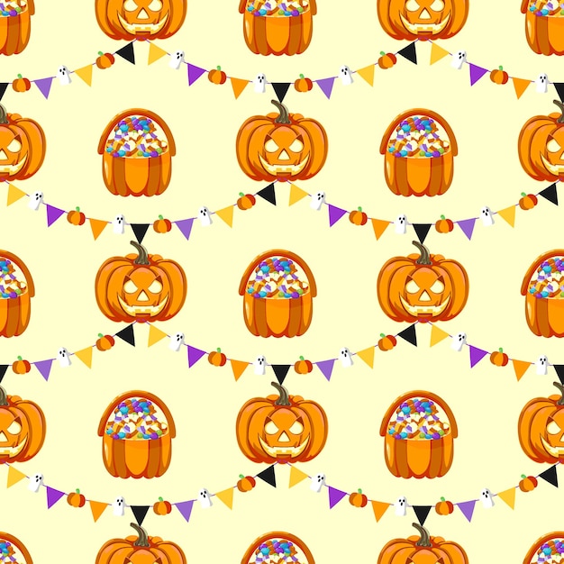 Vector cute halloween background with a basket full of sweets a jack o lantern and a garland bunting decor for halloween celebration for wallpaper gift paper fabric holiday decoration greeting cards