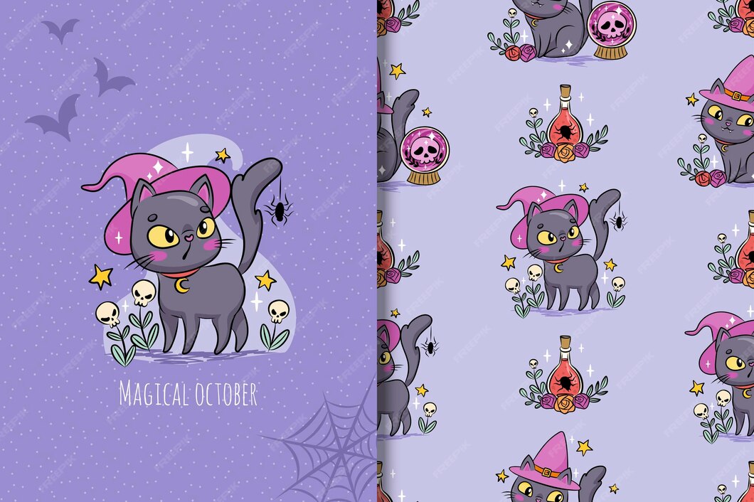Premium Vector Cute halloween cat card and seamless pattern creepy