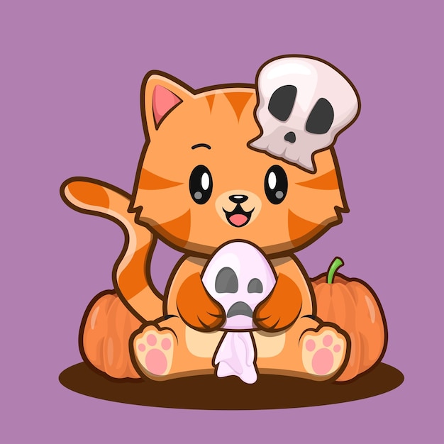 Cute halloween cat hold ghost doll and wearing skull hat illustration