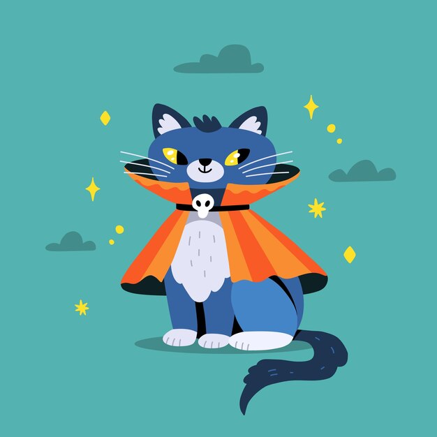 Cute halloween cat sits in orange cloak with skull decoration