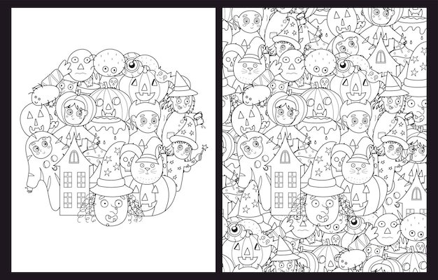 Vector cute halloween characters coloring pages set in us letter format with pumpkin witch kids