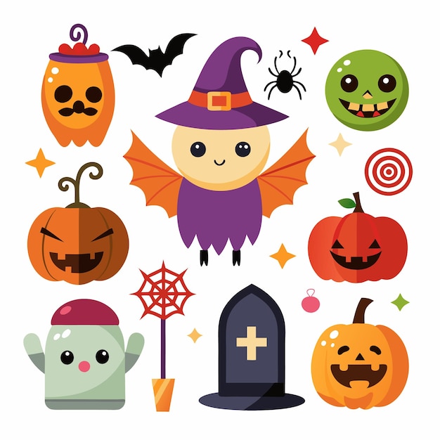 cute halloween characters pumpkins bats ghosts and spider