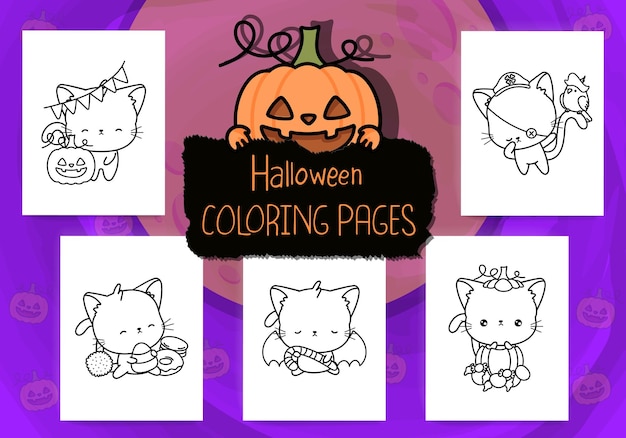 Cute Halloween Coloring Pages Pack. Collection of Cute Outline Halloween Kitten Clipart.