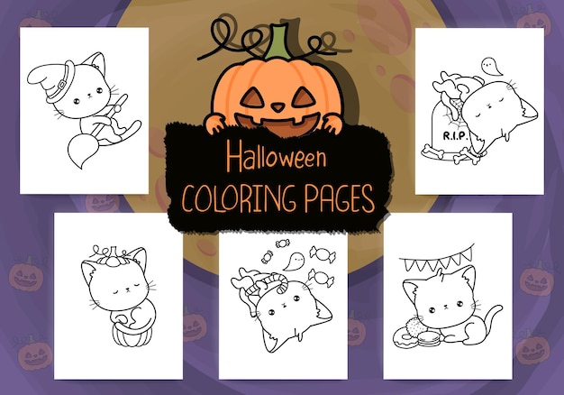 Cute Halloween Coloring Pages Pack. Set of Clipart Halloween Cat for Coloring Page.