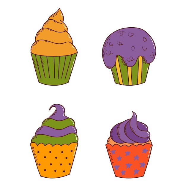 Simpatici cupcakes di halloween elementi di halloween dolcetto o scherzetto illustrazione del concetto in stile disegnato a mano