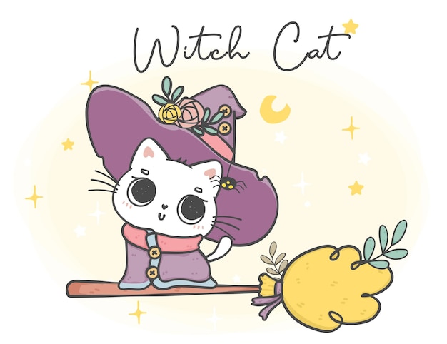 Cute halloween funny purple witch white cat on flying magic broom cartoon animal hand drawn doodle