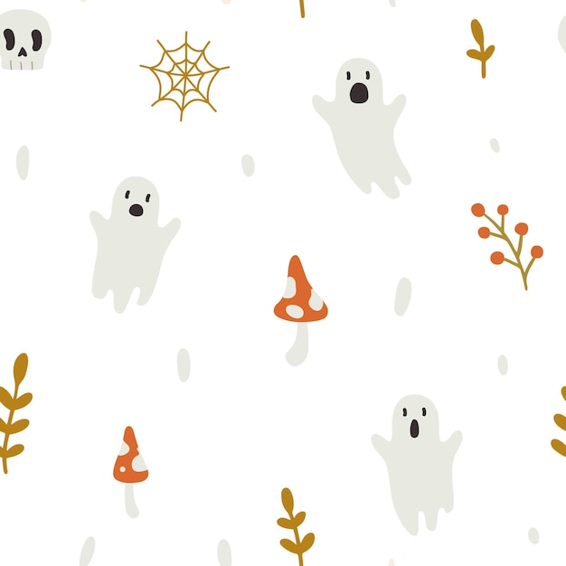 Cute halloween ghost childish white doodle pattern.