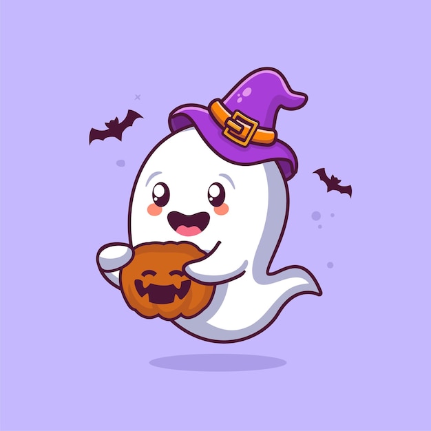 Vector cute halloween ghost holding pumpkin cartoon illustration