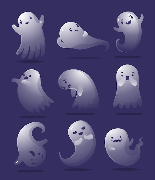 Vector cute halloween ghost set in different poses. white flying spooky ghost silhouette isolated