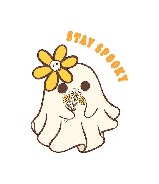 Cute halloween ghost with daisy flower kawaii retro floral cartoon doodle outline drawing