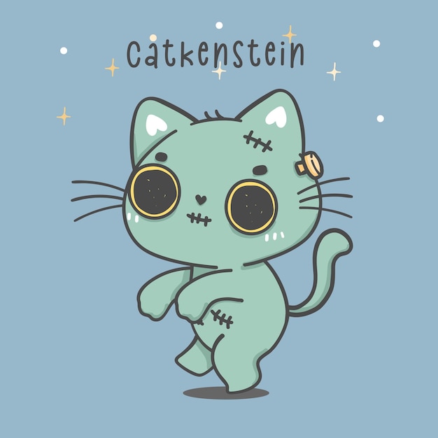 Cute halloween green kitten cat in frankenstein costume catkenstein doodle animal hand drawn vector