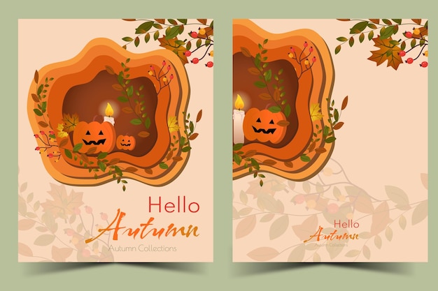 Cute Halloween illustration 3d card with pumpkin and leaves front and back in vector