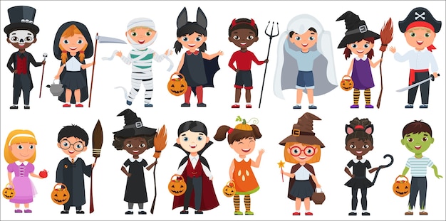 Vettore set di bambini piccoli di halloween carino