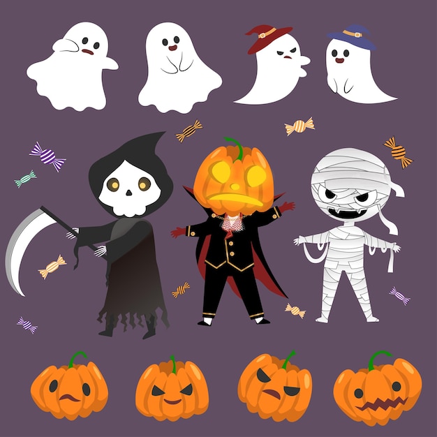 Cute Halloween material with pumpkins, ghosts, grim reapers, zombies and more