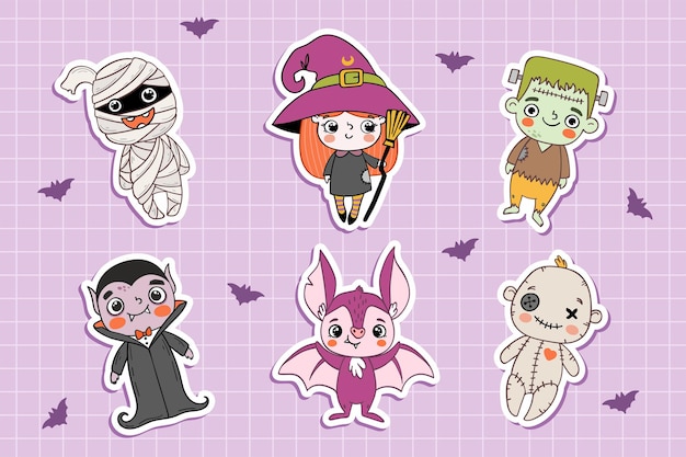 Симпатичные хэллоуин монстры мультяшные персонажи коллекция наклеек в рисованном стиле