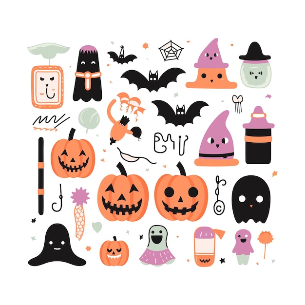 Cute halloween objects in light pink and light orange