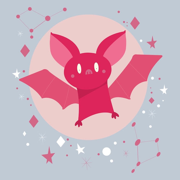 별과 요소가 있는 귀여운 할로윈 핑크 박쥐