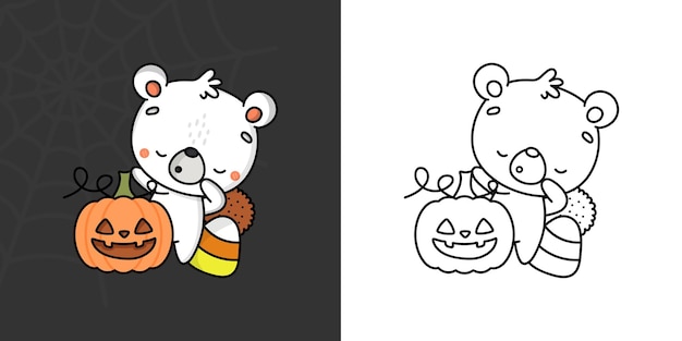Cute Halloween Polar Bear Clipart для раскраски страницы и иллюстрации. Счастливый Хэллоуин животных.