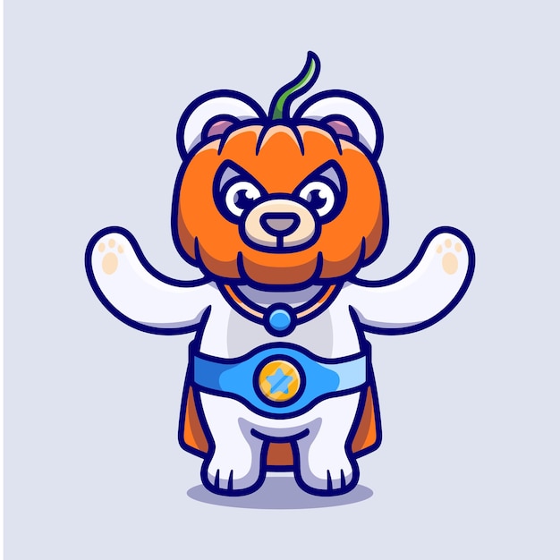 Cute halloween polar bear pumpkin superhero illustration