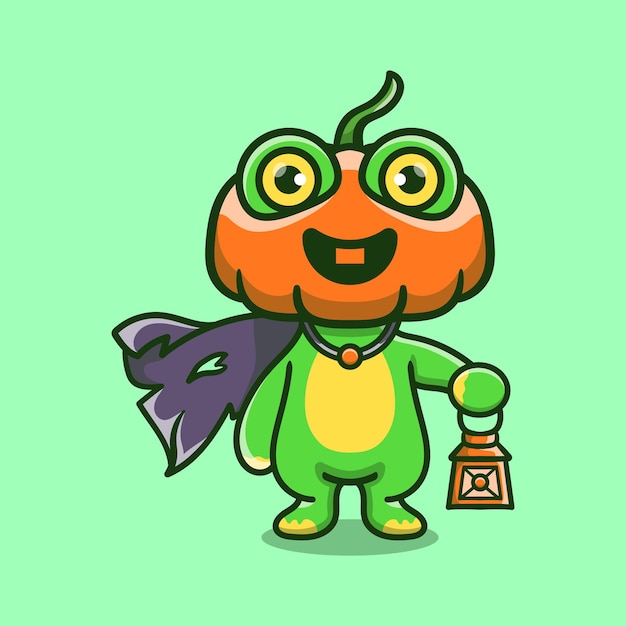 ランタンを運ぶかわいいハロウィーンのカボチャの頭のカエルのイラスト