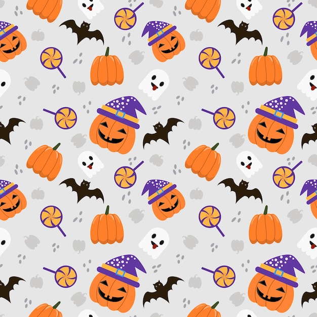 Vector cute halloween pumpkin wearing hat and bat seamless pattern for fabrictextile wallpaper gift wrap paper