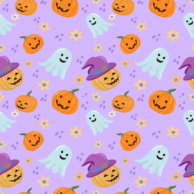 cute halloween pumpkin wearing hat and ghost on purple color background seamless pattern