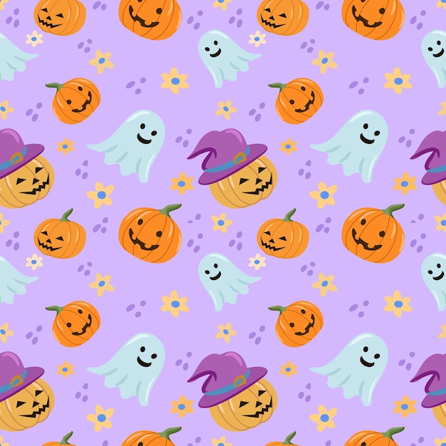 Vector cute halloween pumpkin wearing hat and ghost on purple color background seamless pattern