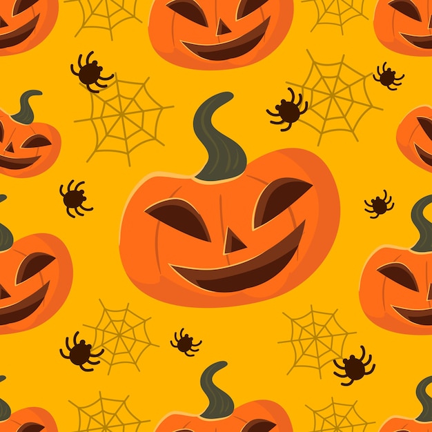 Vector cute halloween seamless pattern funny pumpkins and spider web